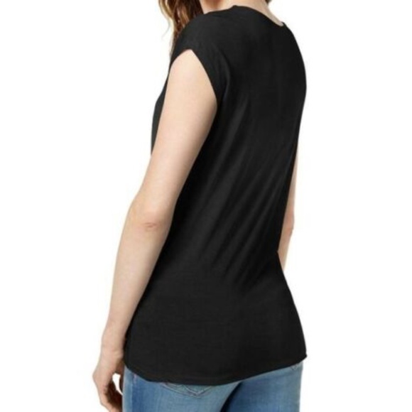 INC Women's Deep Black Short Sleeve Twist Front Hem Basic Top XS NWT - Picture 3 of 5